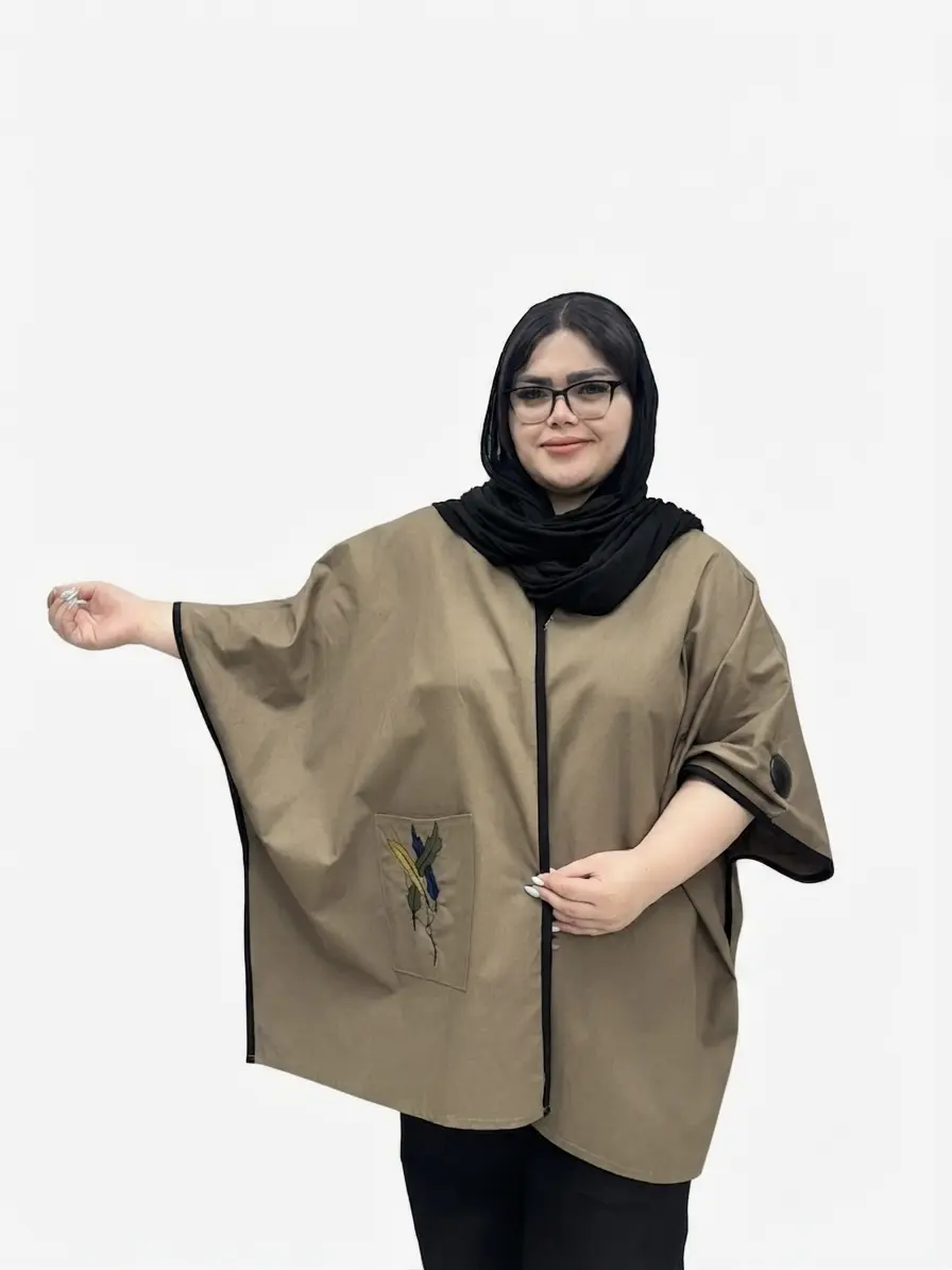 مانتو پانچی سایز بزرگ زنانه لینن جیب گلدوزی برند بیگ سایز